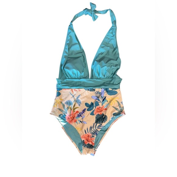 Halter One Piece Swim Suit – Green & Peach Split with Tropical Floral Print XXL - Picture 1 of 6